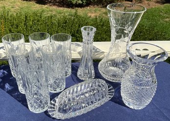 Lot 17- Beautiful Lot Of Crystal Water Glasses- Butter Dish And 3 Vases - Etched - 10 Pieces
