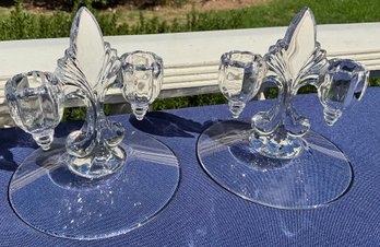 Lot 18- 1930s Art Deco Fleur-de-lis Pair Of Glass Candle Stick Holders