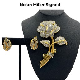 Lot 402 - Nolan Miller Signed Rhinestone Rose Brooch With Matching Leaf Clip On Earrings