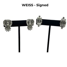 Lot 407 - Weiss Signed Crystal Clip On Earrings 2 Pairs - Glamorous Vintage Jewelry