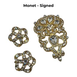 Lot 416 - Stunning! Crystal Brooch And Earrings - Signed Monet - Vintage Jewelry