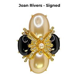 Lot 431-1990's Joan Rivers Signed Costume Gold And  Black Faux Pearls Brooch Measuring 2 X 1.50
