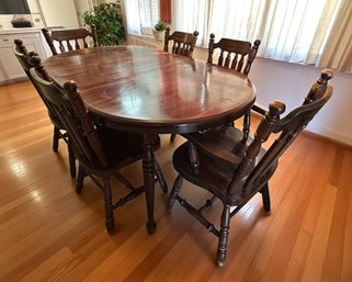 Lot 300 - 1970s Pine Heavy Wood Kitchen Table Set - Comes With 6 Chairs - 2 Leaves