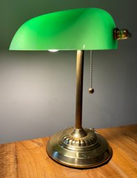 Lot 94SES- Green Glass Bankers Lamp With Brass Base- Works Great!