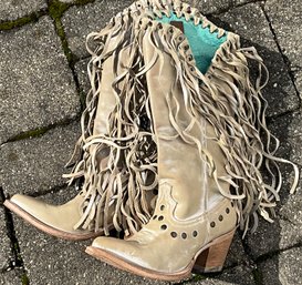 Lot 67- AMAZING Tan Corral Leather Handcrafted Fringe Cowgirl Cowboy Boots Womens Size 6 1/2