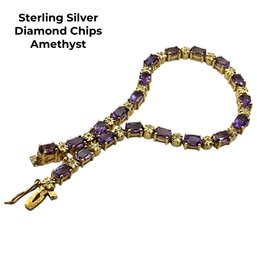 Lot 4- Sterling Silver With Diamond Chips - Purple Amethyst Bracelet