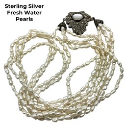 Lot 5- Sterling Silver Art Deco 4 Strands Fresh Water Pearls - Marcasite- Mother Of Pearl Necklace