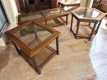 Lot 302 - 1980s Pecan Glass Top Coffee Table & 2 Side End Tables - 2 Tiers - Set Of 3 Matching Pieces
