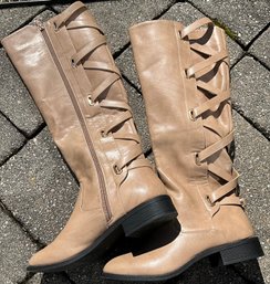 Lot 70- Tan Tall Boots And Matching Shoulder Bag Purse With Gold Chain - Womens Size 38 7 1/2