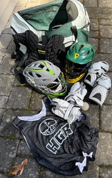 Lot 71- Lacrosse Gear- North Reading Hornets Duffle Bag - Helmets - Gloves - Pads -