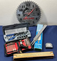 Lot 480 - Skil-saw Metal Saw Blade Clock Untested Vintage Royal Tape, Files, Mechanics Ruler And Tool Lot