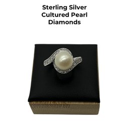 Lot 12- Sterling Silver - Cultured Pearl - Diamonds - Tested - Ring Size 6
