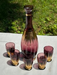 Lot 307KO - Mid Century Modern Amethyst Purple Glass Decanter And 5 Cordial Shot Glasses