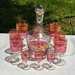 Lot 308KO - Mid Century Modern Barware - Red Cranberry & Gold Glass Set Of 11 Pieces