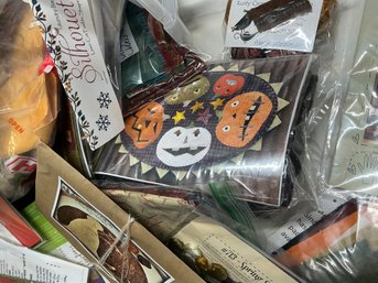 Lot 210Q- Large Bin - Craft Christmas Halloween Patterns, Fabric Scissors, Kits Hook Rug- Embroidery Floss