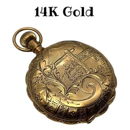 Lot 121SES- 1900s 14K Gold Antique BWC Company Elgin Pocket Watch Engraved Case - Ornate Floral & Scroll Work