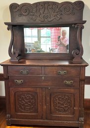 Lot 303 - Antique Oak Buffet Sideboard Carved Wood With Mirror - Dovetail Joints - Original Hardware