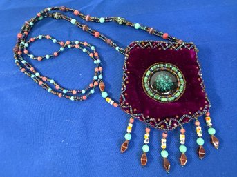 Lot 305ROW - Boho Purple Velvet Beaded Medicine Bag Pouch Purse - Cross Body - Central Stone Accent