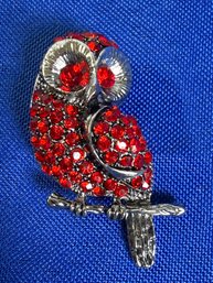 Lot 309ROW - Red Rhinestone Owl Costume Silver Brooch Pin