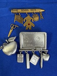 Lot 310ROW - School Days Pewter & Costume Brass Teacher Gift Pins Apple Trinket Pin With Tiny Stud Earrings