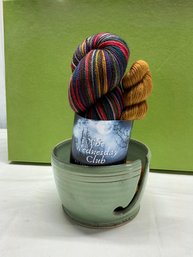 Lot 252Q - Beautiful Green Pottery Yarn Holder With 2 Skeins Of Freckled Whimsy Yarn
