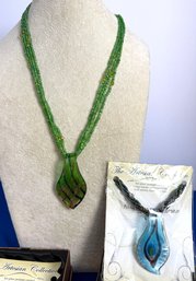 Lot 317ROW - Pretty! 2 Hand Blown Art Glass Pendants On Multistrand Beaded Necklace In Blue And Green