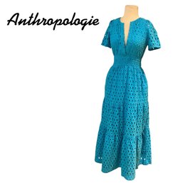 Lot 4SES- Anthropologie Aqua Cotton Eyelet Maxi Dress With Pockets Womens Size XS