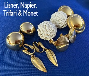 Lot 323ROW - Napier, Trifari, Lisner, Monet Vintage Designer Clip On Earrings - 5 Pairs Costume Gold & White