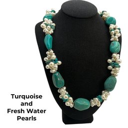 Lot 437 - Ross Simons Sterling Silver Turquoise And Freshwater Pearls Necklace
