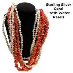 Lot 442 - Ross Simons Sterling Silver Coral And Freshwater Pearls Necklace