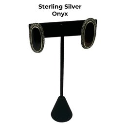 Lot 448 - Sterling Silver And Onyx Marcasite Pierced Earrings