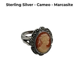 Lot 460 - Sterling Silver And Cameo Marcasite Ring
