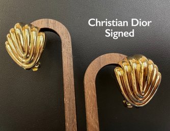 Lot 330ROW - 1980s Christian Dior Signed Fan Seashell Motif Costume Gold Clip On Modernist Earrings