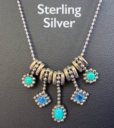 Lot 333ROW - Dainty 925 Italy Chain - Dangling Sterling Charms With Turquoise Cabochons & Blue Inlay
