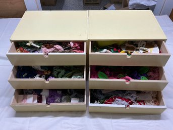 Lot 278Q - Wooden Yellow Storage Box Set Of 2 Filled With Needlepoint Floss Threads Different Colors & Sizes