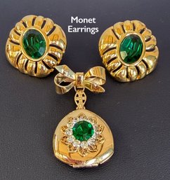Lot 336ROW - Monet Earrings 1 And Locket Pin With Costume Gold & Emerald Green & Crystal Rhinestones -