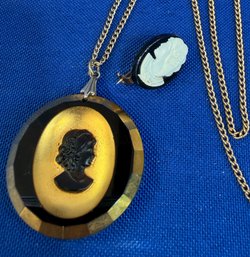 Lot 342ROW - 2 Costume Cameos One AntiqueTiny Pin & 1 Necklace With Black Glass &  Tortoiseshell Resin Pendant