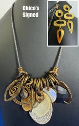 Lot 347ROW - Chicos Signed Statement Necklace New NWT & Costume Gold Dangling Pierced Earrings