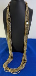 Lot 349ROW - Heavy Statement Long Necklace Multistrand With Smokey Baguette Rhinestones Costume Gold & Pearls