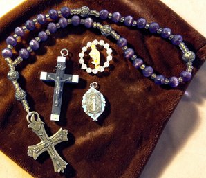 Lot 351ROW - Beautiful Purple Stone Rosary - Vintage Cross Made In France - Clear Rhinestone Mary Pin - Pendan