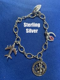 Lot 353ROW - 925 Sterling Silver Welsster Charm Bracelet - Airplane - Football - St. Christopher - Horseshoe