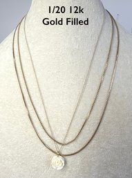 Lot 355ROW - 3 Chains 1/20 Of 12K Gold Filled Necklaces - One With White Carved Rose Pendant Chain