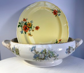 Lot 300SES - Early 1900s J Pouyat Limoges France Blue & White Serving Bowl - Oval Yellow Floral Platter