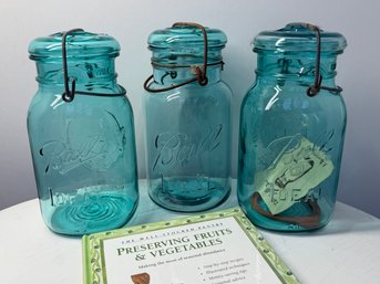 Lot 301SES - Bicentennial Celebration 1970s Blue Glass Ball Ideal Mason Quart Jars With New Preserving Book