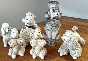Lot 19SES- Mid Century Poodle Collection - White Spaghetti - Lot Of 6 Dogs - Vintage MCM Decor
