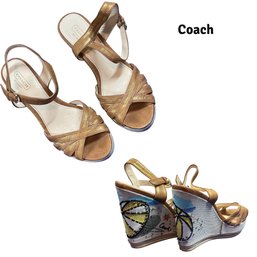 Lot 407- CUTE! COACH Caroline Strappy Vacation Chunky Wedge Beachy Platform Open Toe Heel - Womens Size 7 1/2
