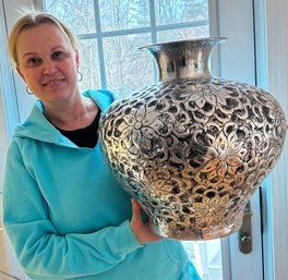 Lot 308 - Large Decorative Hammered Metal Floral Motif Urn Pot