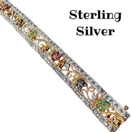 Lot 424LC - Sterling Silver Bracelet Signed DL & CZ Rubies, Sapphire And Emeralds - Vintage Estate Jewelry