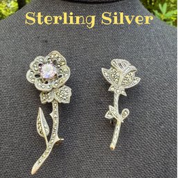 Lot 434LC- Sterling Silver Marcasite With Pink Stone Vintage Flower Rose Brooches Signed - 2 Pins