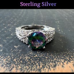 Lot 431LC- Beautiful!! Sterling Silver With Rainbow Mystic Topaz Ring Size 6